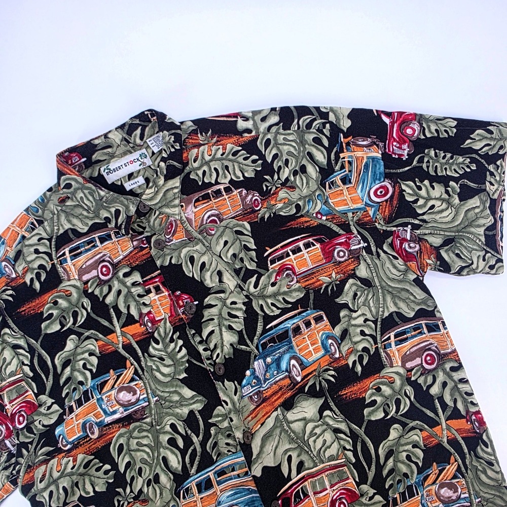 Robert Stock Mens Large Hawaiian Shirt Vintage Woodie‎ Surf Wagon Monstera Black
